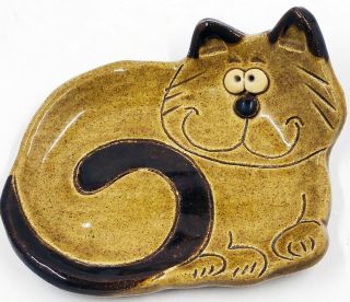Vintage Art Pottery Cat Trinket Ring Dish Or Spoon Rest By John Nishio 1970 