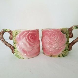 Vintage Oci Fitz & Floyd Ceramic Mugs Pair Rose 1980s Omnibus Japan