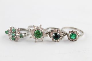 4 X Vintage.  925 Sterling Silver Clear & Green Stone Rings Inc.  Halo (13g)