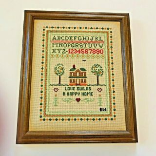 Vintage Completed Framed Counted Cross Stitch Sampler Love Builds A Happy Home