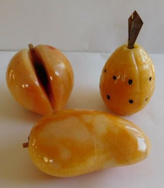Vintage Set Of 3 Alabaster Italian Marble Fruit Hand Carved In Italy