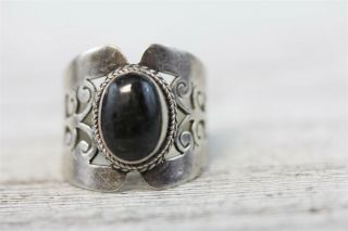 Vintage Bali Black Obsidian Sterling Silver 925 Ring Filigree Wire Work 6.  75