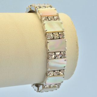 Vintage Cuff Bracelet 1950s Mother Of Pearl Crystal Silvertone Bridal Jewellery