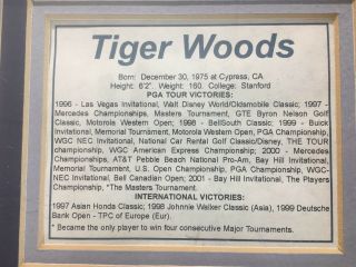 VINTAGE TIGER WOODS FRAMED PHOTO WITH BIO,  16x13,  PRICED 3