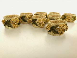 Set Of 8 Vintage Napkin Rings Woven Yellow Green Floral Sequins Seed Beads