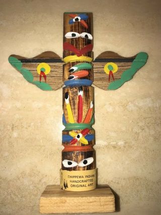 Vintage Wood Chippewa Indian Handcrafted Totem Pole With Art