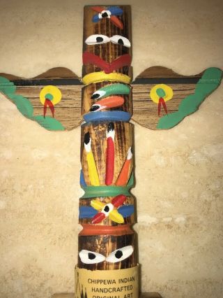 Vintage Wood Chippewa Indian Handcrafted Totem Pole With Art 3