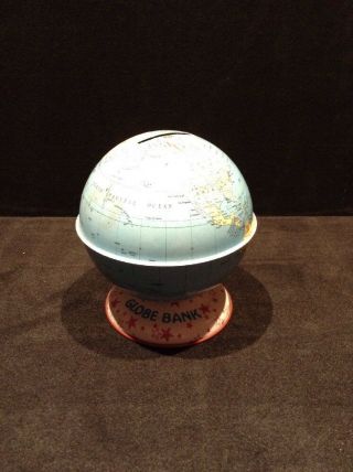 Vintage J Chein World Globe Tin Bank Made In Usa 4.  5 " Tall
