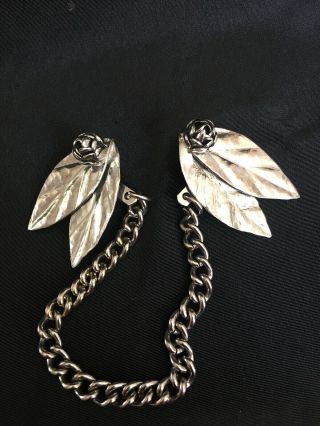 Vintage Silver Tone Leaves And Flowers Sweater Clip,  Open Sweater Leaves Clip