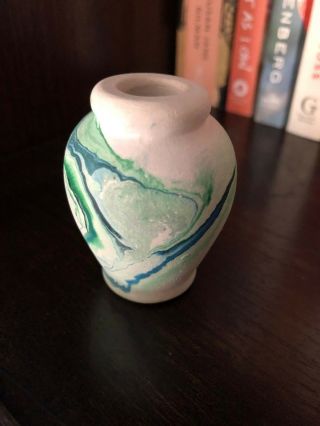 Vintage Nemadji Miniature Green Swirl Stamped Pottery 2 Inch Vase