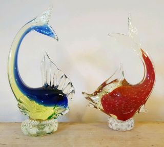 2 Vintage Murano Glass Italy Cased Fish Figures C.  1950 