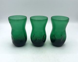 Set Of 3 Vintage Emerald Green Pinch Glass Tumblers