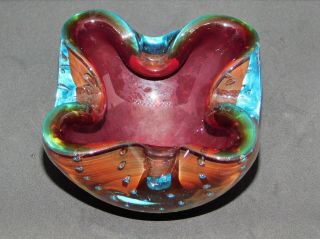 Vintage Murano Glass Turquoise Ruby Red Cased Glass Geode Dish Controlled Bubble