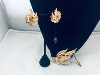 Vtg.  Crown Trifari Demi Nwt’s Faux Pearl Flowers Brooch & Clip On Earrings