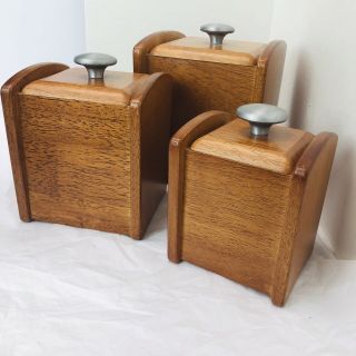 Vintage Mcm Wood Canister Set 3 Piece Square Silver Knobs Liners Mid Century Set