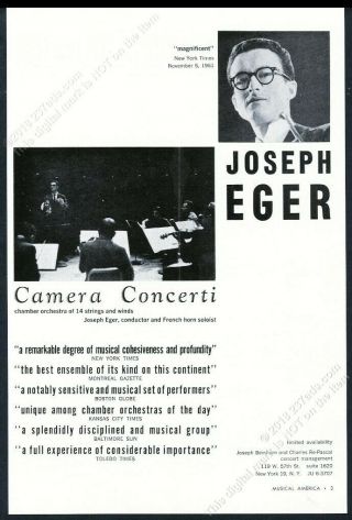 1962 Joseph Eger Photo French Horn Recital Tour Booking Vintage Print Ad