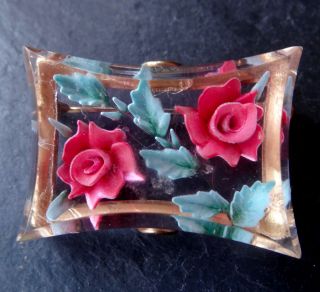 Vintage 1950s Reverse Carved Lucite Red Rose Flower Trombone Pin - D104