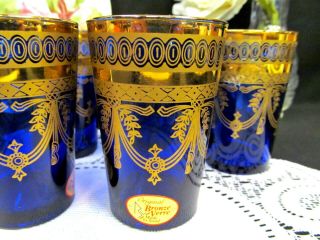 Vintage Cobalt Blue Bronze Verre Madein France Set Of 6 Glasses Gold Etched Swag