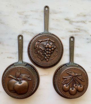 Set Of 3.  Vintage Handled Copper & Brass Wall Hanging Jello Mold Pans