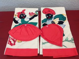 Vintage Black Americana Linen Hand/dish Towel Set Of 2 Applique & Embroidered