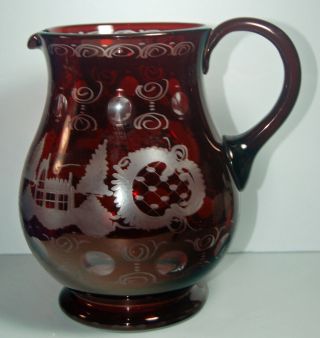 Vintage Egermann Bohemian Ruby Cut To Clear Large Pitcher