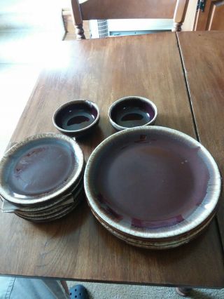 Vintage Hull Pottery Brown Drip Dinner Plates Bowls Made In U.  S.  A.