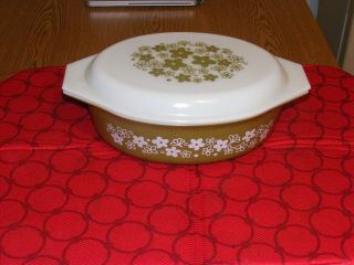 Vintage Pyrex Olive Green Crazy Daisy Oval 2.  5qt.  Casserole Ovenware W/cover 045
