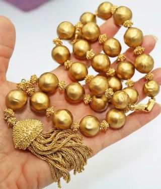 Spectacular Huge 107g Vtg Crown Trifari Gold Tone Tassel Fx Pearl Necklace Oe59