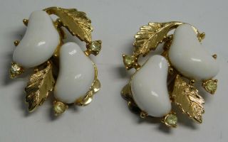 Vintage Coro White Thermoset Lucite Rhinestone Gold Leaf Clip On Earrings