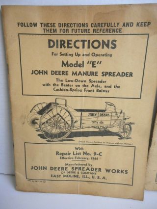 1941 & 1944 Vintage John DEERE Directions Model E Manure Spreader & Feed Grinder 2