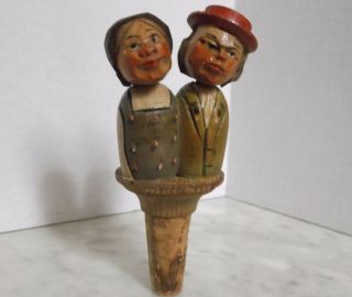 Vintage Carved Wood Figural German Character Wine Cork Moving Part Unique