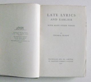 Thomas Hardy Late Lyrics 1st ed 1922 2