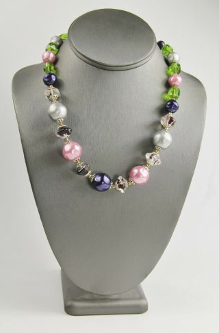 20 " Estate Vintage Jewelry Japan Adj Glass Bead Necklace Purple Pink Green