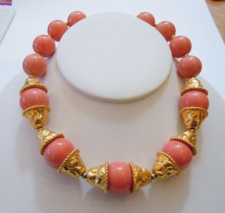 Vintage Kenneth Jay Lane Gold Tone Coral Colored Beaded Necklace