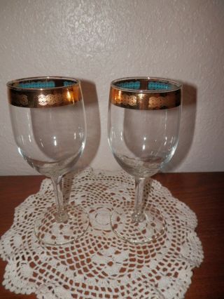 Pair Vintage Culver Wine Glasses/gold Trim Turquoise Ribbon Mid Century Modern