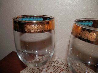 Pair Vintage Culver Wine Glasses/Gold Trim Turquoise Ribbon Mid Century Modern 4