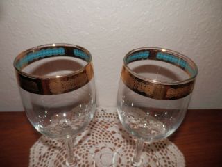 Pair Vintage Culver Wine Glasses/Gold Trim Turquoise Ribbon Mid Century Modern 5