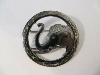 Vintage Sterling Siam Niello Elephant Pin Trunk Up 7.  8 Grams