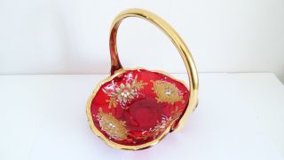 Vintage Ruby Red Venetian Murano Glass With Gold Overlay Basket