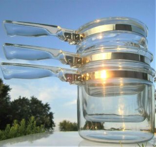3 Pyrex Glass Vintage Flame - Ware Range - Top Double Boiler Cook Pots 6283 - 1 1/2 Qt