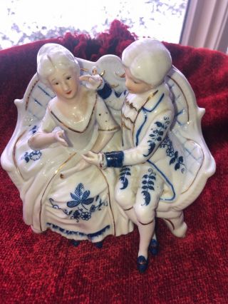 Vintage Iac International Porcelain Figurine Couple On Loveseat Blue White Gold