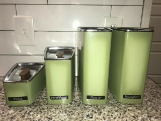 Vintage Mid Century 4 Pc Lincoln Beautyware Metal Canister Set Avocado Green