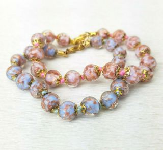 2 Vtg Venetian Pale Blue Pink Coppery Aventurine Sommerso Glass Bead Bracelets