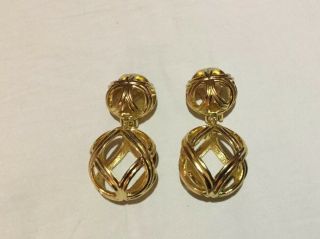 Vintage Christian Dior 80’s Large Gold Tone Caged Drop Earrings - Fab
