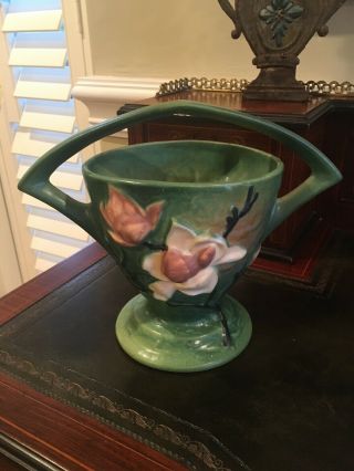 Vintage Roseville Art Pottery Usa Magnolia Handled Basket Planter 384 - 8 "
