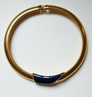 Vintage Signed Monet Goldtone Blue Enamel Necklace Choker 80s