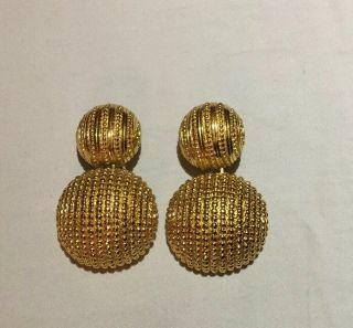 Vintage Christian Dior 80’s Large Gold Tone Textured Drop Earrings - Fab