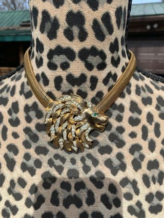 Vtg Estate Large Lion Head Mane Gold Tone Necklace & Earrings Set Signed Craft