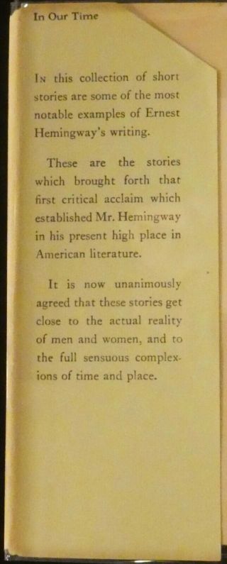 Hemingway,  Ernest.  In Our Time.  Second Edition,  Later Printing. 2