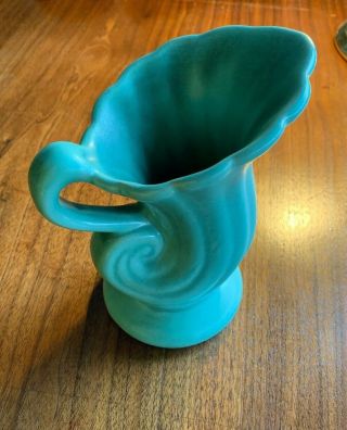 Vintage Camark Matte Green Pottery Cornucopia Shell Shaped Vase Pitcher